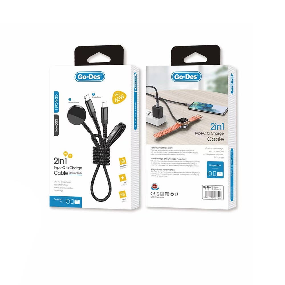 Go Des GD-UC611 2in1 Android Watch Compatible Wireless Type-C PD Fast Charging Cable 60W 1.2M Black