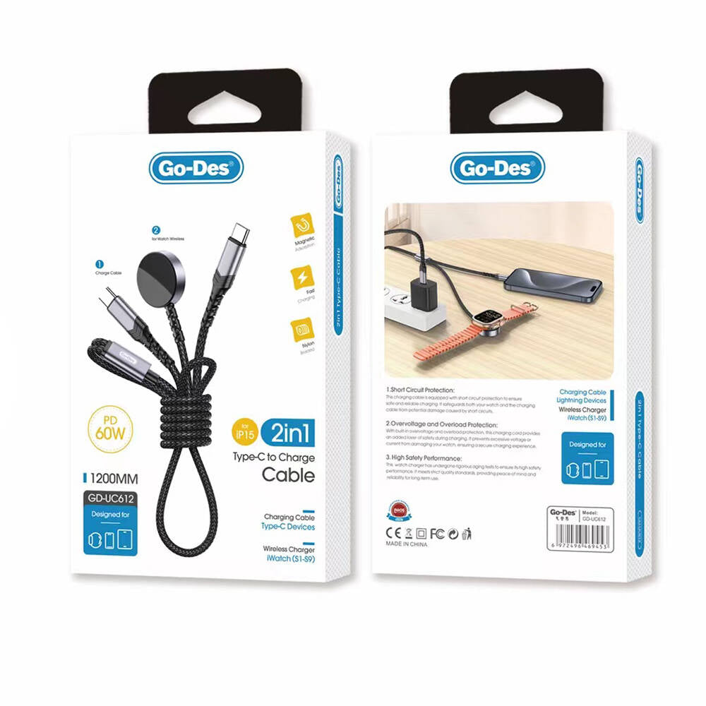 Go Des GD-UC612 2in1 iOS Watch Compatible Wireless Type-C PD Fast Charging Cable 60W 1.2M Black