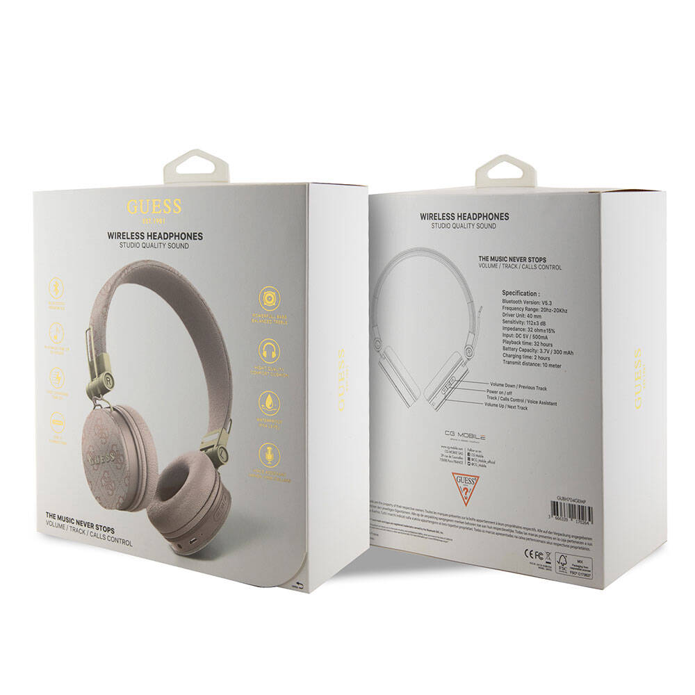 Guess Original Licensed 4G Metal Logo PU Leather Adjustable Over-Ear Bluetooth Headphones Pink