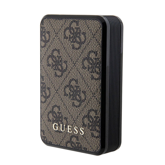 Guess Orjinal Lisanslı Dijital Led Göstergeli PU Deri 4G Desenli Metal Yazı Logolu Powerbank 10000mAh 18W Kahverengi