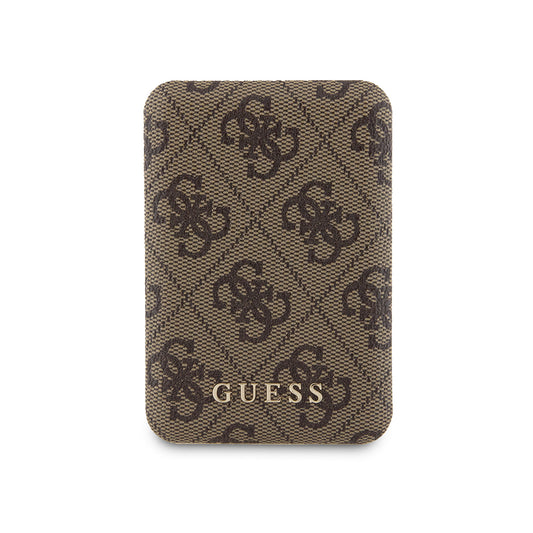 Guess Orjinal Lisanslı Dijital Led Göstergeli PU Deri 4G Desenli Metal Yazı Logolu Powerbank 5000mAh 15W Kahverengi