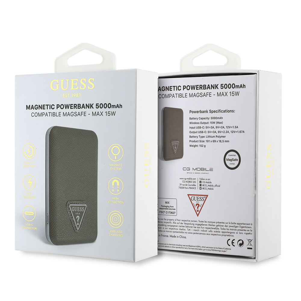 Guess Orjinal Lisanslı Dijital Led Göstergeli PU Deri Yüzey Üçgen Logolu Powerbank 5000mAh 15W Kahverengi