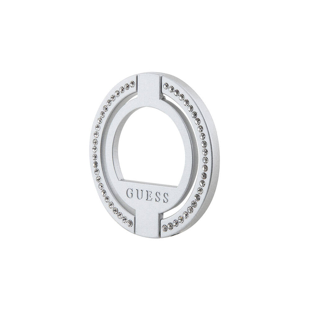 Guess Original Licensed M-safe Charging Feature Magnetic Stand with Logo and Stone Ring in Silver