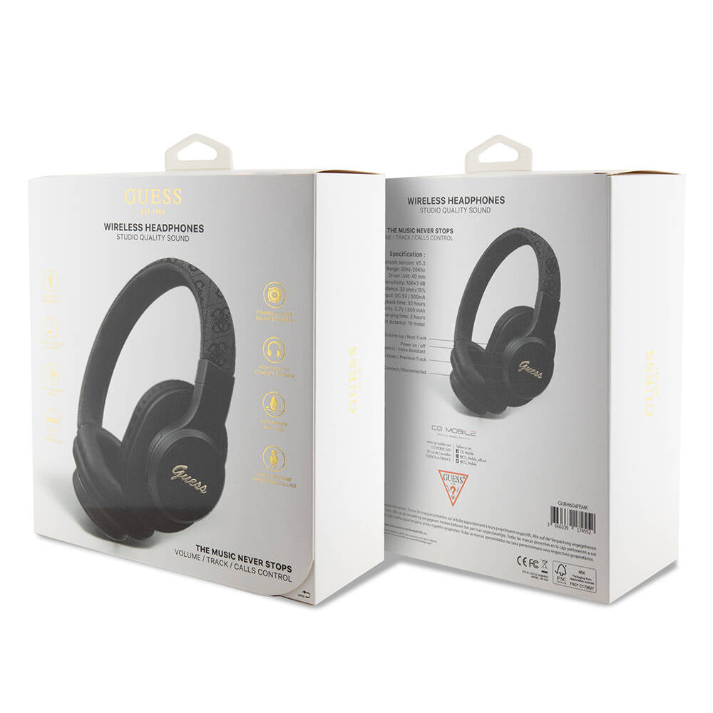 Guess Original Licensed PU 4G Patterned Metal Lettering Logo Tone On Tone Over-Ear Bluetooth Headphones Brown