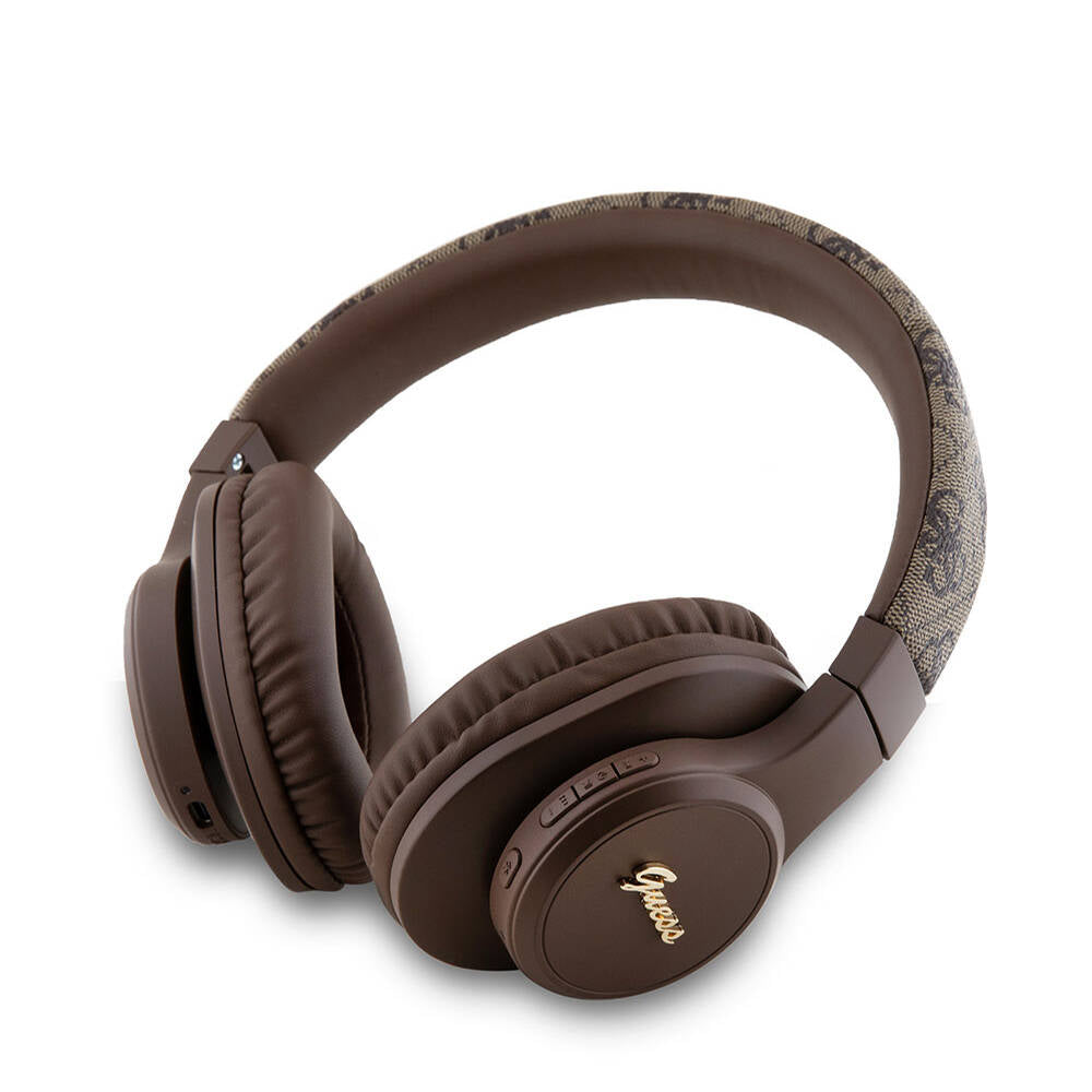 Guess Original Licensed PU 4G Patterned Metal Lettering Logo Tone On Tone Over-Ear Bluetooth Headphones Brown