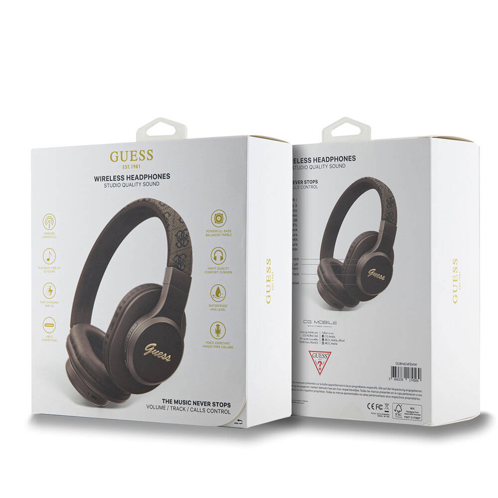 Guess Original Licensed PU 4G Patterned Metal Lettering Logo Tone On Tone Over-Ear Bluetooth Headphones Brown