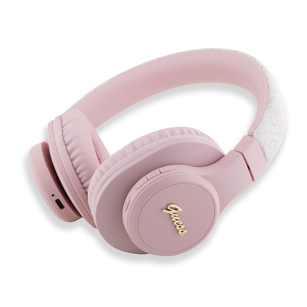 Guess Original Licensed PU 4G Patterned Metal Lettering Logo Tone On Tone Over-Ear Bluetooth Headphones Brown