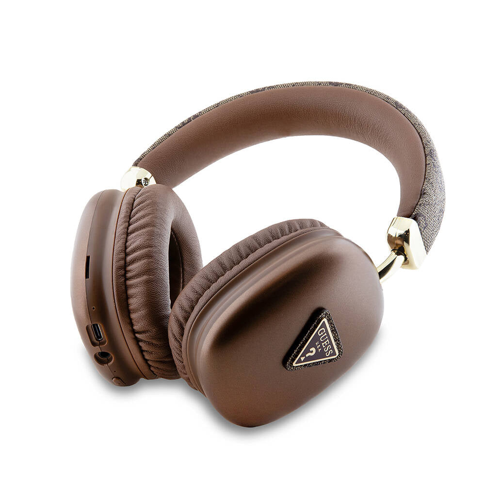 Guess Original Licensed PU 4G Patterned Triangle Logo Over-Ear Bluetooth Headphones Brown
