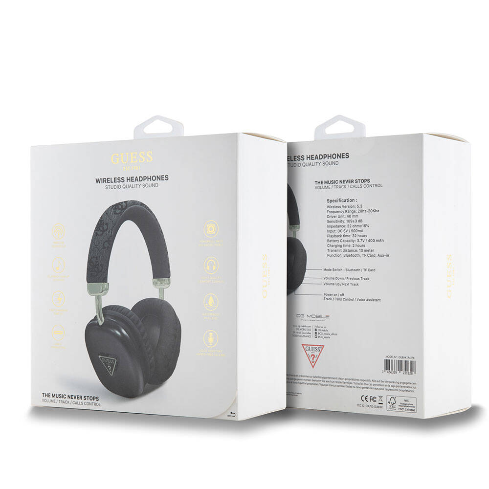 Guess Original Licensed PU 4G Patterned Triangle Logo Over-Ear Bluetooth Headphones Brown