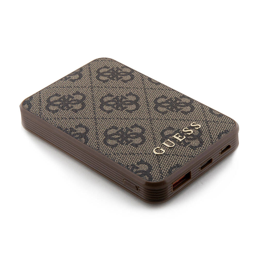 Guess Orjinal Lisanslı PU Deri 4G Desenli Metal Yazı Logolu Powerbank 5000mAh Kahverengi