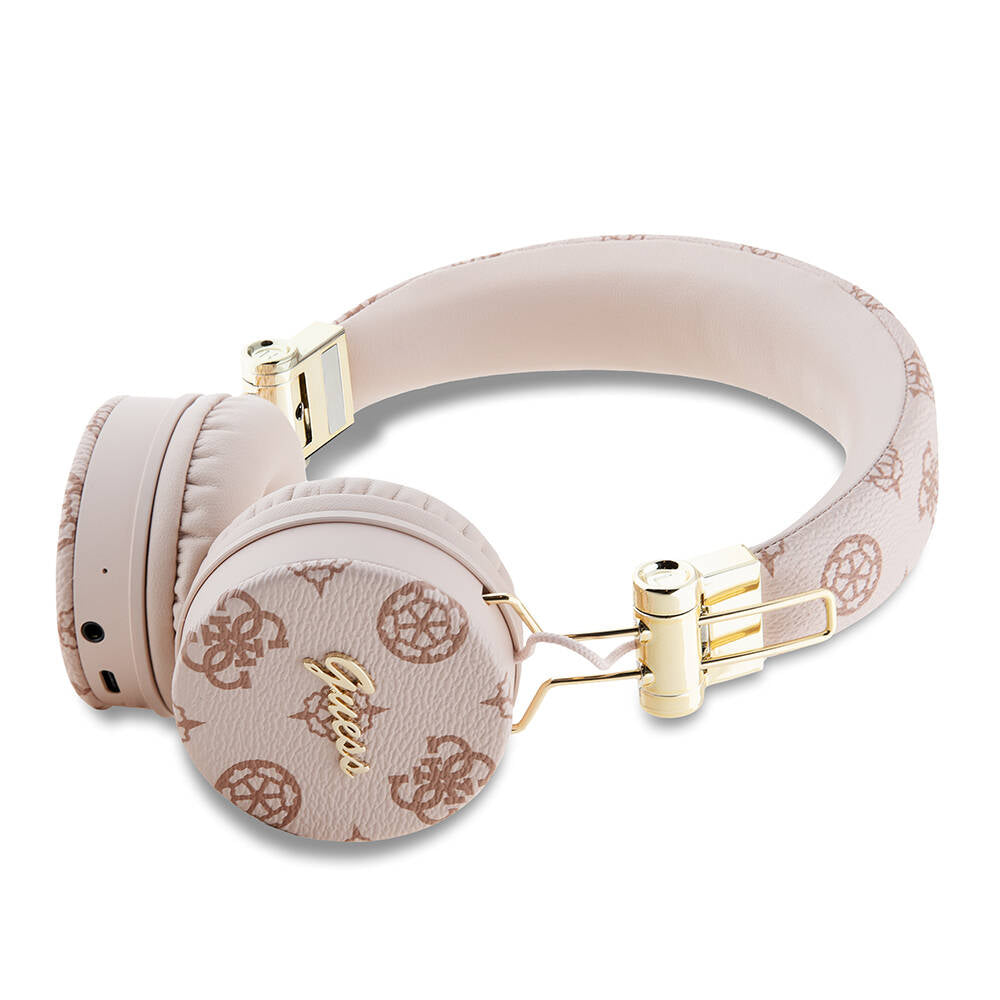 Guess Original Licensed PU Patterned Metal Handwritten Logo Over-Ear Bluetooth Headphones Pink