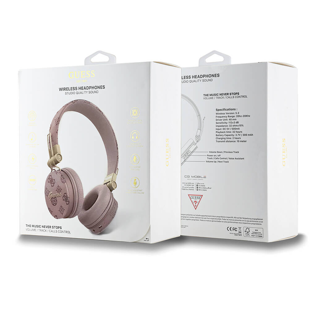 Guess Original Licensed PU Patterned Metal Handwritten Logo Over-Ear Bluetooth Headphones Pink
