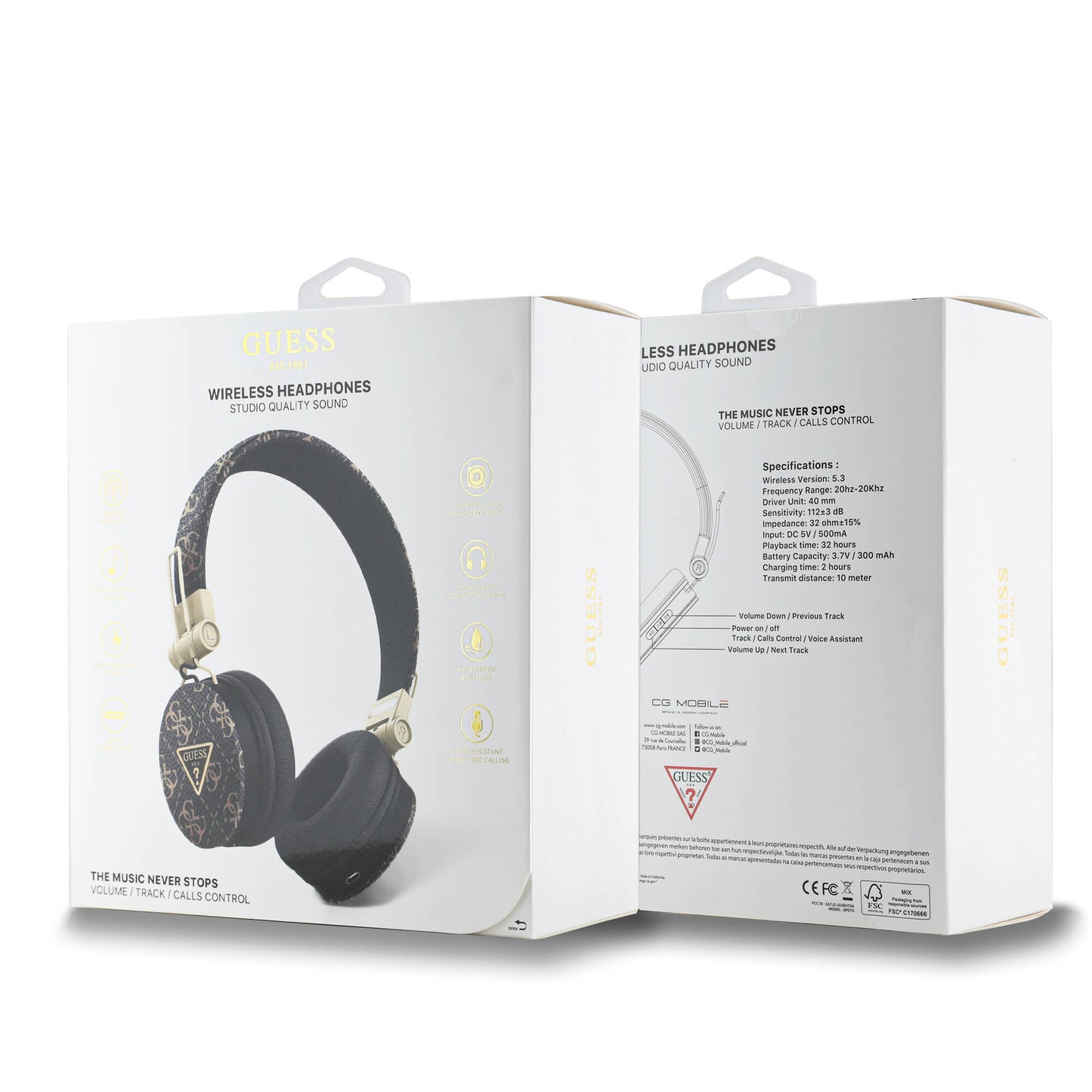 Guess Original Licensed PU Patterned Metal Triangle Logo Over-Ear Bluetooth Headphones Black