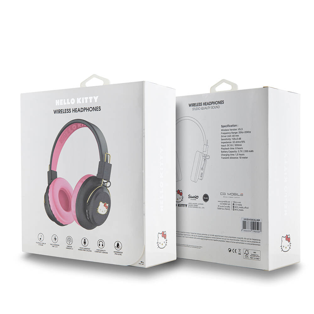 Hello Kitty Original Licensed Adjustable Metal Kitty Logo Round Bluetooth 5.3 Headphones Black