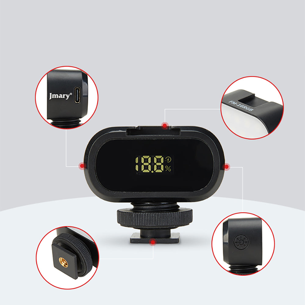 Jmary FM-16RGB Mandallı Dijital LED Göstergeli Telefon-Kamera Üstü RGB Lamba 750mAh Siyah