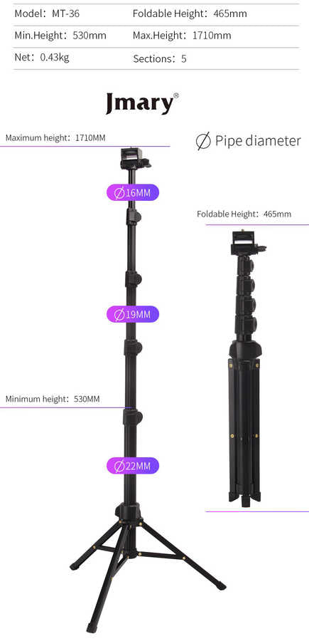 Jmary MT-36 Tripod 171 cm 360 Derece Dönebilen Başlık 4 Kademeli Yükselik Ayarı Siyah