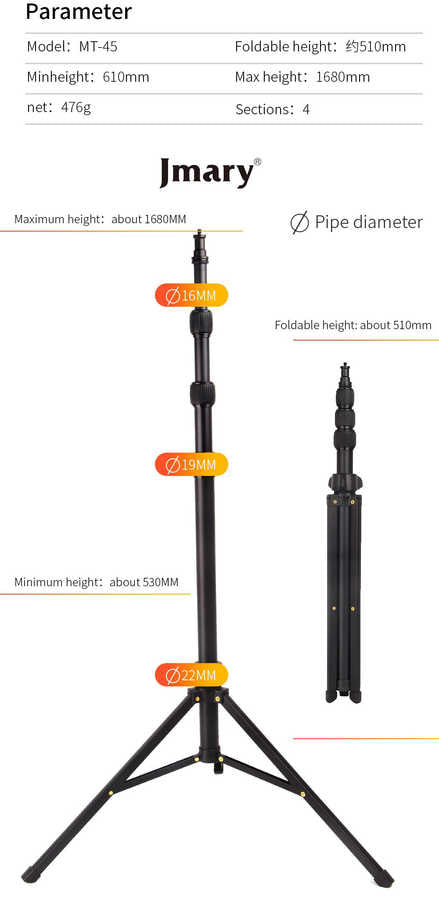 Jmary MT-45 Tripod 168 cm 360 Derece Dönebilen Başlık 3 Kademeli Yükseklik Ayarı Siyah