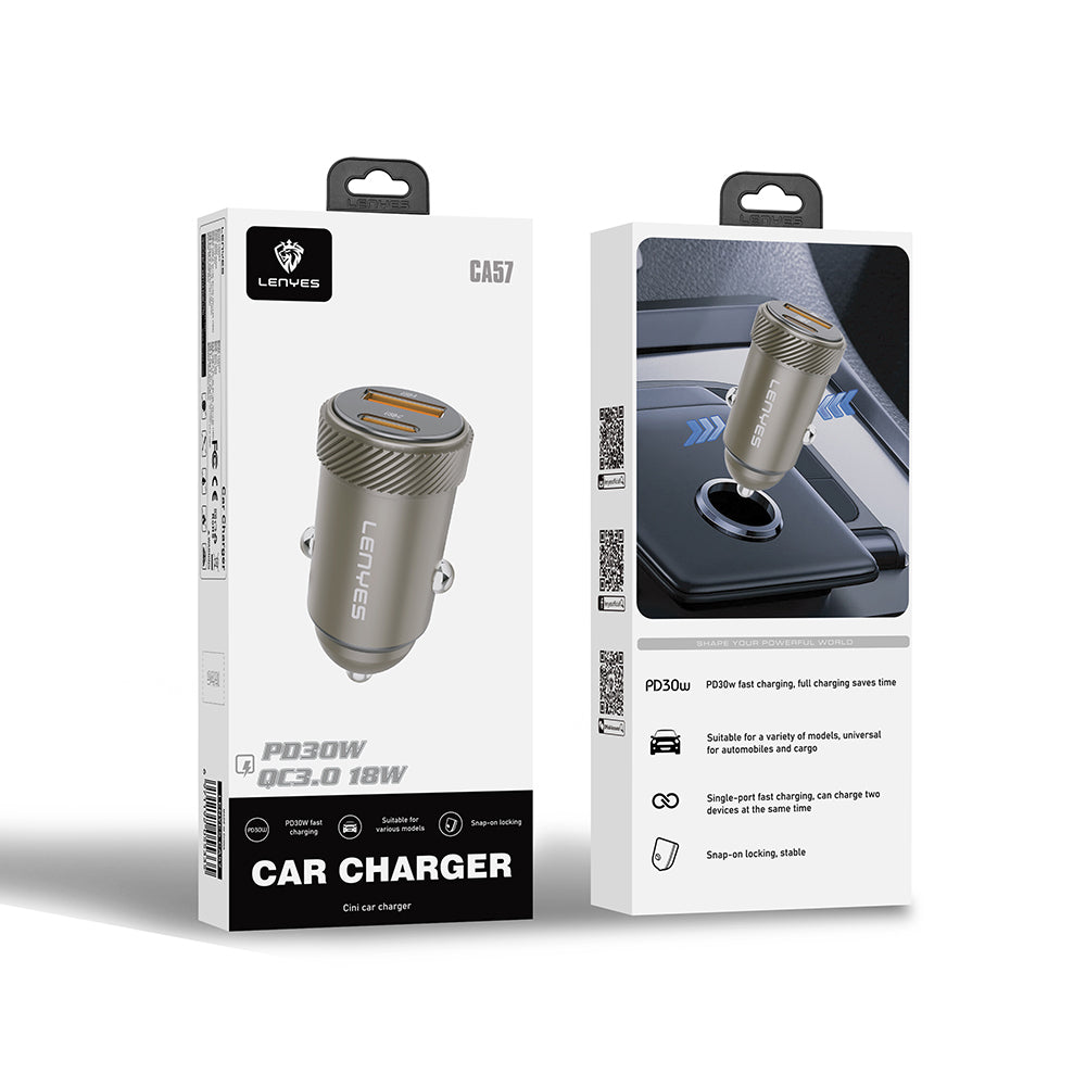 Lenyes CA57 Fast Charging Dual Type-C + USB-A Port Mini Car Charger 30W Brown