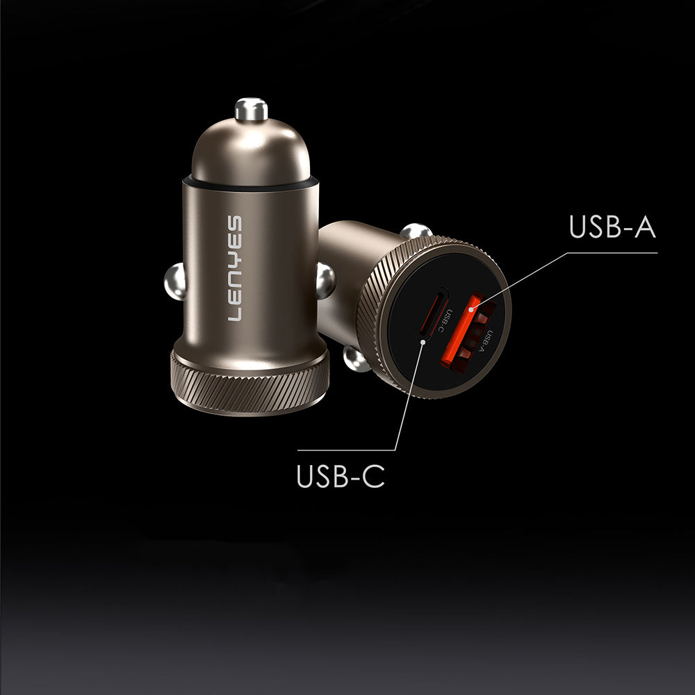 Lenyes CA57 Fast Charging Dual Type-C + USB-A Port Mini Car Charger 30W Brown