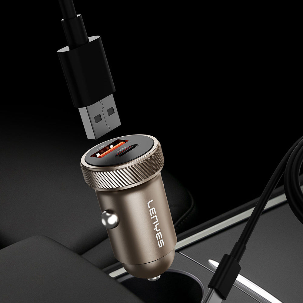 Lenyes CA57 Fast Charging Dual Type-C + USB-A Port Mini Car Charger 30W Brown