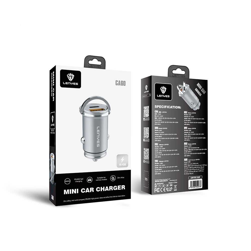 Lenyes CA60 Hızlı Şarj Özellikli Dual Type-C + USB-A Portlu Mini Araç Şarj Aleti PD 45W Gümüş