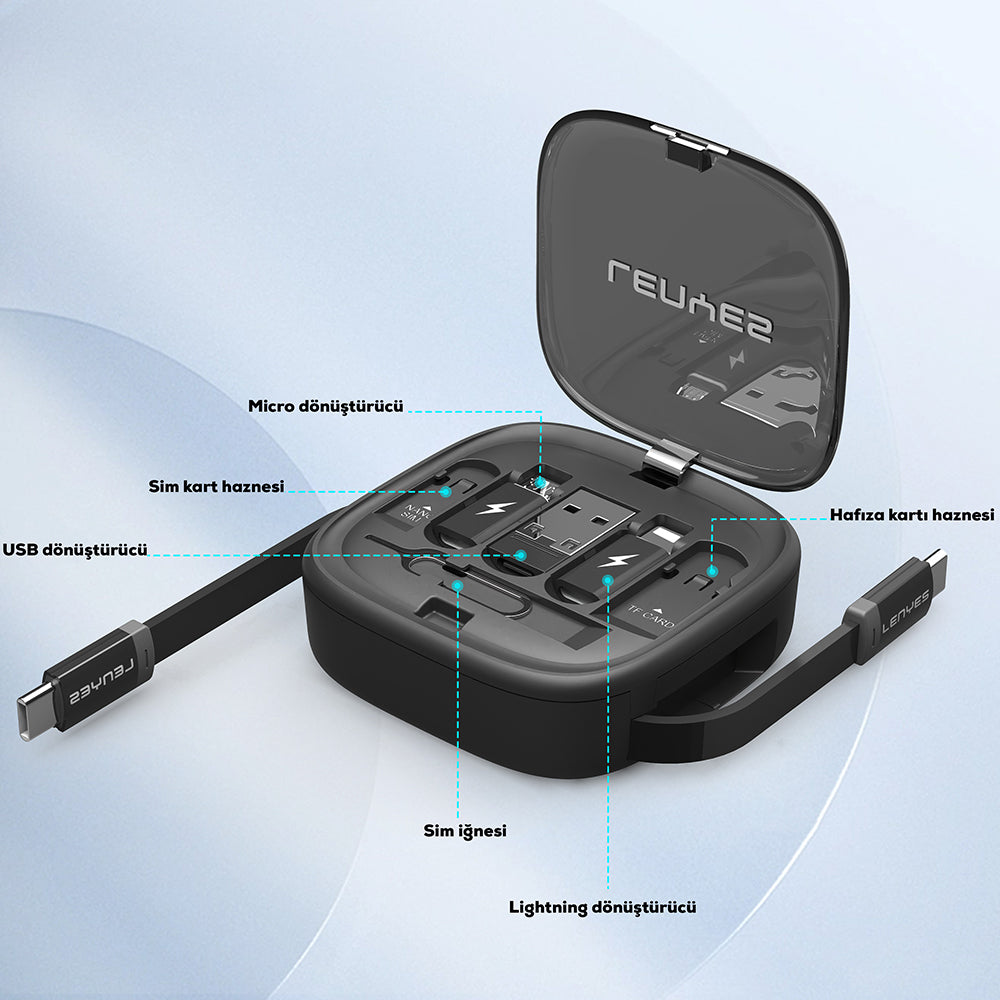Lenyes LB603 6in1 Type-C to Type-C Kablolu 60W Çevirici Adaptör Seti Standlı Saklama Kutusu Siyah