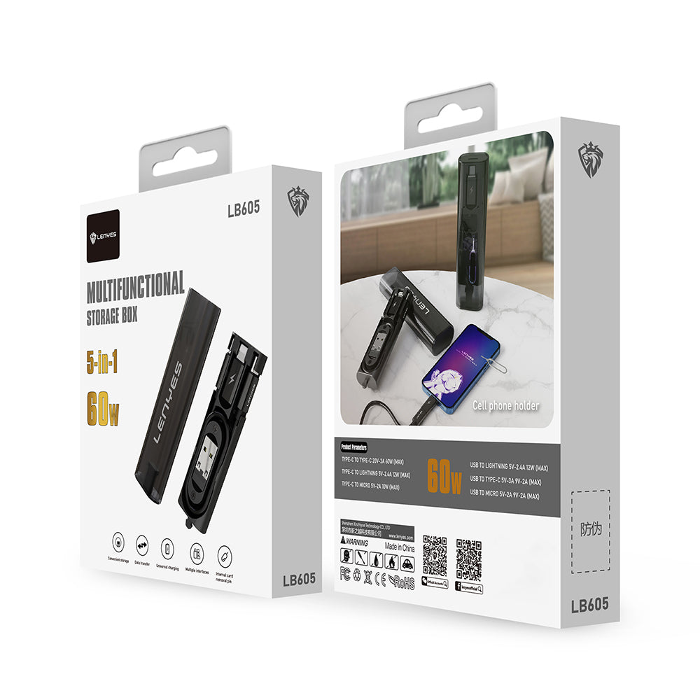 Lenyes LB605 5in1 Type-C to Type-C Kablolu 60W Çevirici Adaptör Seti Saklama Kutusu Siyah