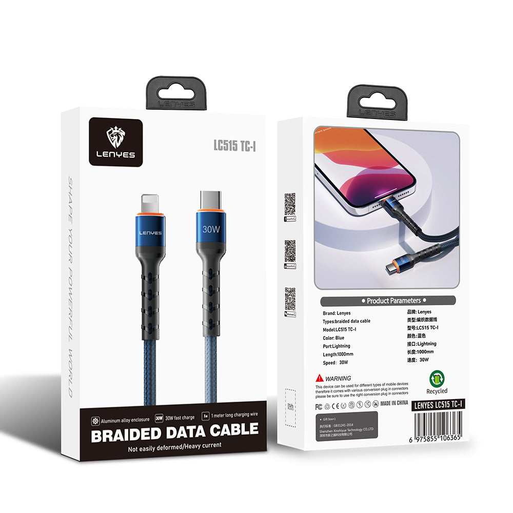 Lenyes LC515 Type-C to Lightning Hızlı Şarj Özellikli Örgülü Data ve Şarj Kablosu 30W 1M Mavi
