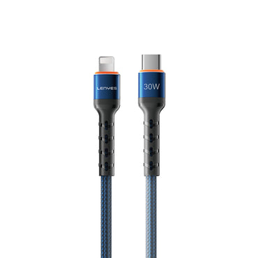 Lenyes LC515 Type-C to Lightning Hızlı Şarj Özellikli Örgülü Data ve Şarj Kablosu 30W 1M Mavi