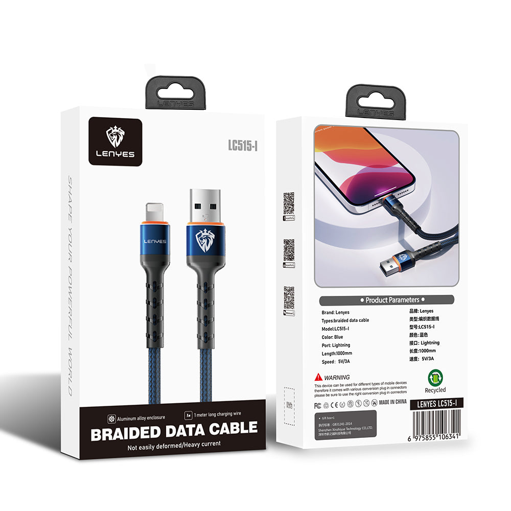 Lenyes LC515 USB-A to Lightning Fast Charging Braided Data and Charging Cable 3A 1M Blue
