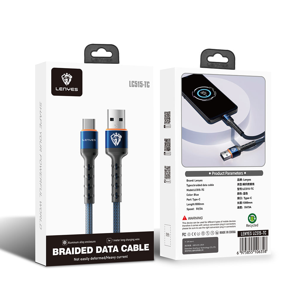 Lenyes LC515 USB-A to Type-C Fast Charging Braided Data and Charging Cable 3A 1M Blue