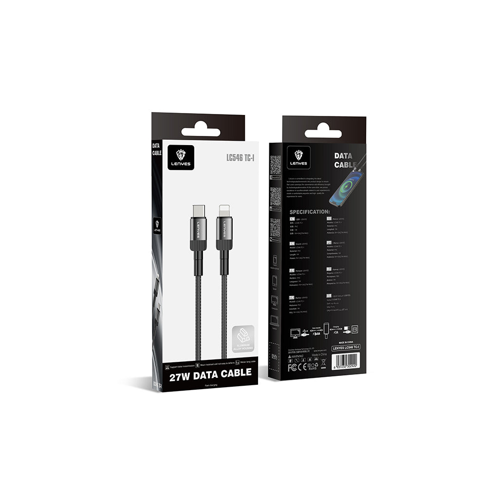 Lenyes LC546 Type-C to Lightning Örgü Tasarımlı Hızlı Şarj Özellikli Data ve Şarj Kablosu 27W 1M Siyah