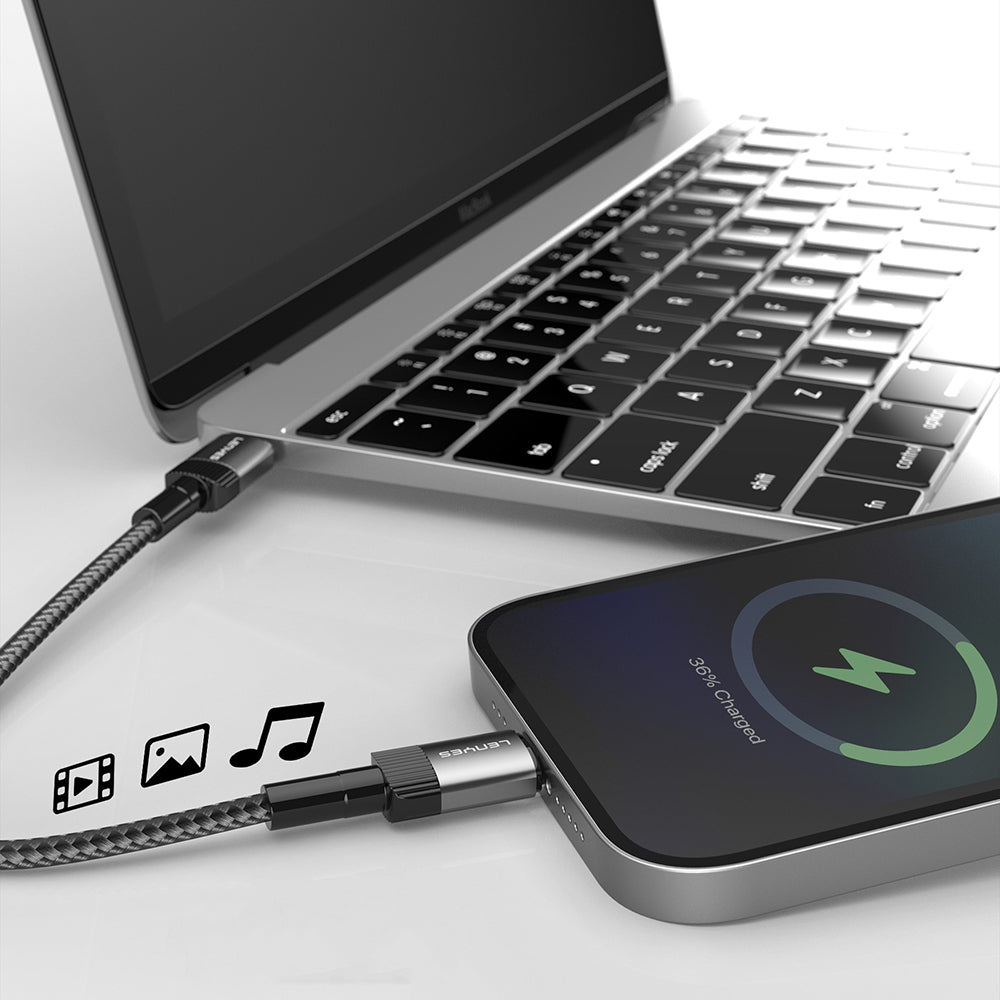 Lenyes LC546 Type-C to Lightning Örgü Tasarımlı Hızlı Şarj Özellikli Data ve Şarj Kablosu 27W 1M Siyah