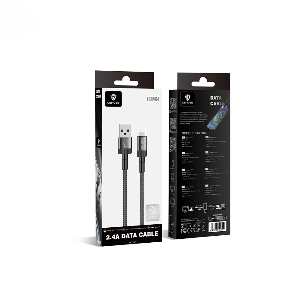 Lenyes LC546 USB-A to Lightning Örgü Tasarımlı Hızlı Şarj Özellikli Data ve Şarj Kablosu 12W 1M Siyah