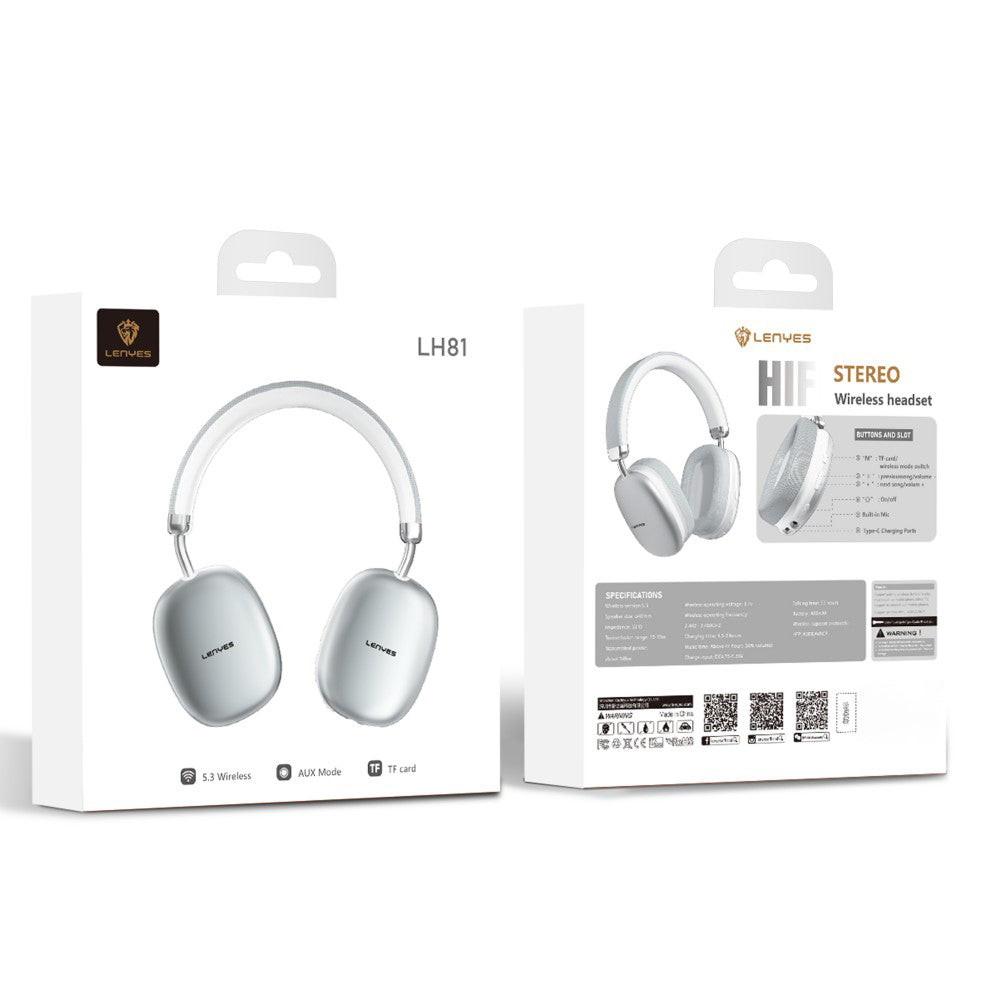 Lenyes LH81 Noise Cancelling Hi-Fi Stereo Over-Ear Bluetooth Headphones v5.3 Silver