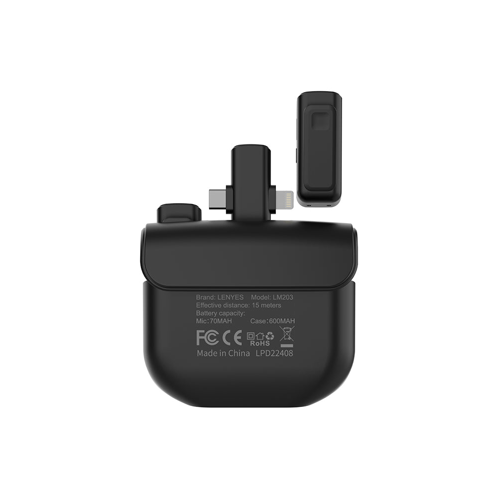 Lenyes LM203 2-in-1 Wireless Lavalier Microphone with Type-C and Lightning Port, Black