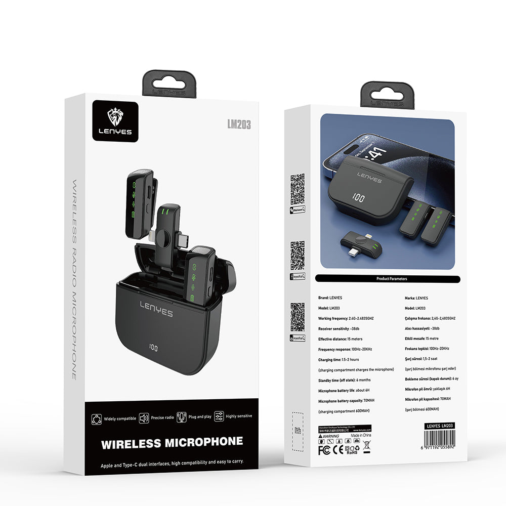 Lenyes LM203 2-in-1 Wireless Lavalier Microphone with Type-C and Lightning Port, Black