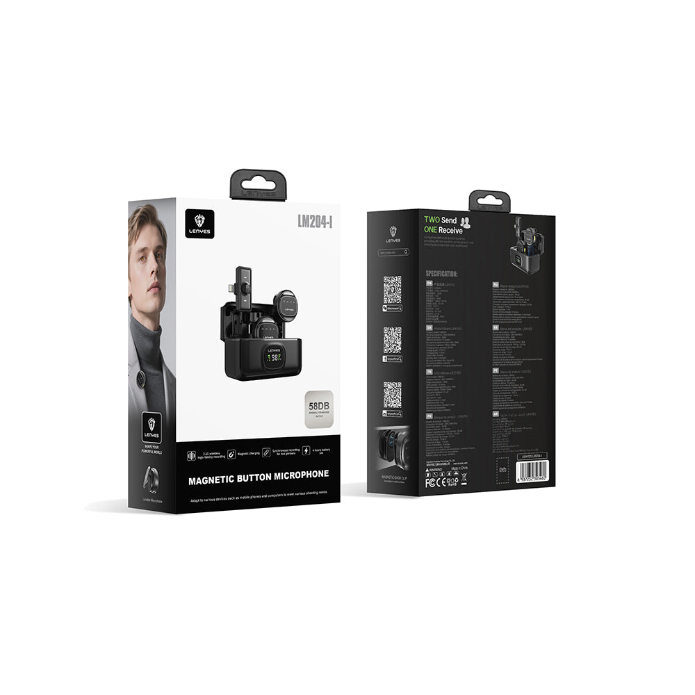 Lenyes LM204-L Type-C Şarj Portlu Akıllı Gürültü Engelleyicili Lightning Bağlantılı Kablosuz Yaka Mikrofonu Siyah