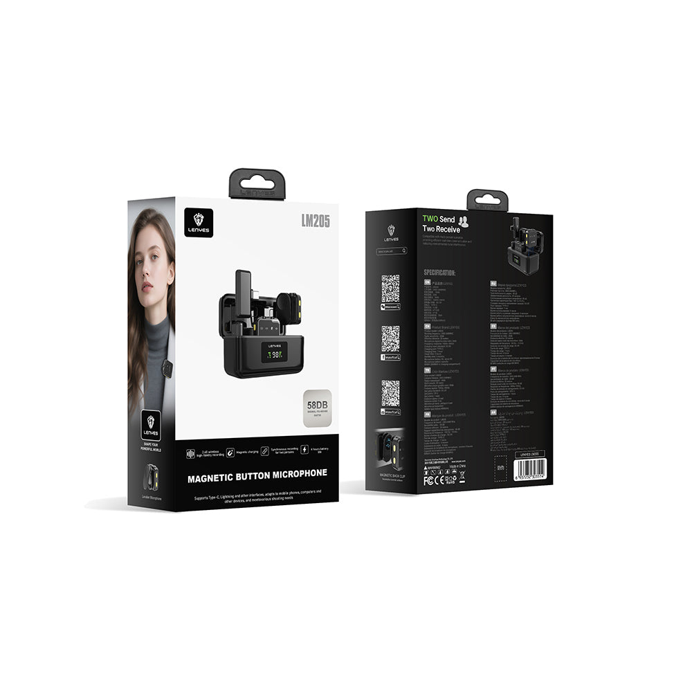 Lenyes LM205 2-in-1 Wireless Lavalier Microphone with Type-C Charging Port, Artificial Intelligence Noise Cancellation, Type-C and Lightning Connector, Black