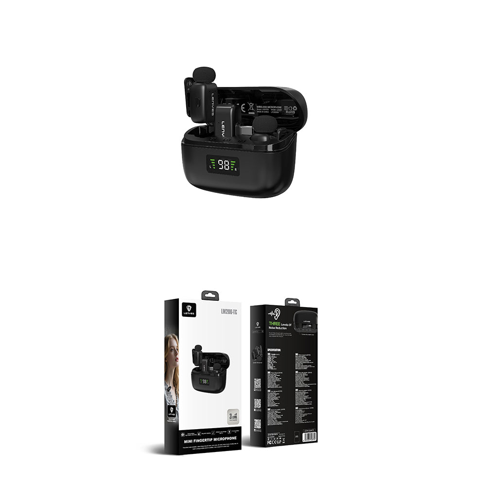 Lenyes LM206 Dijital LED Göstergeli Type-C Portlu Kablosuz Yaka Mikrofonu Siyah