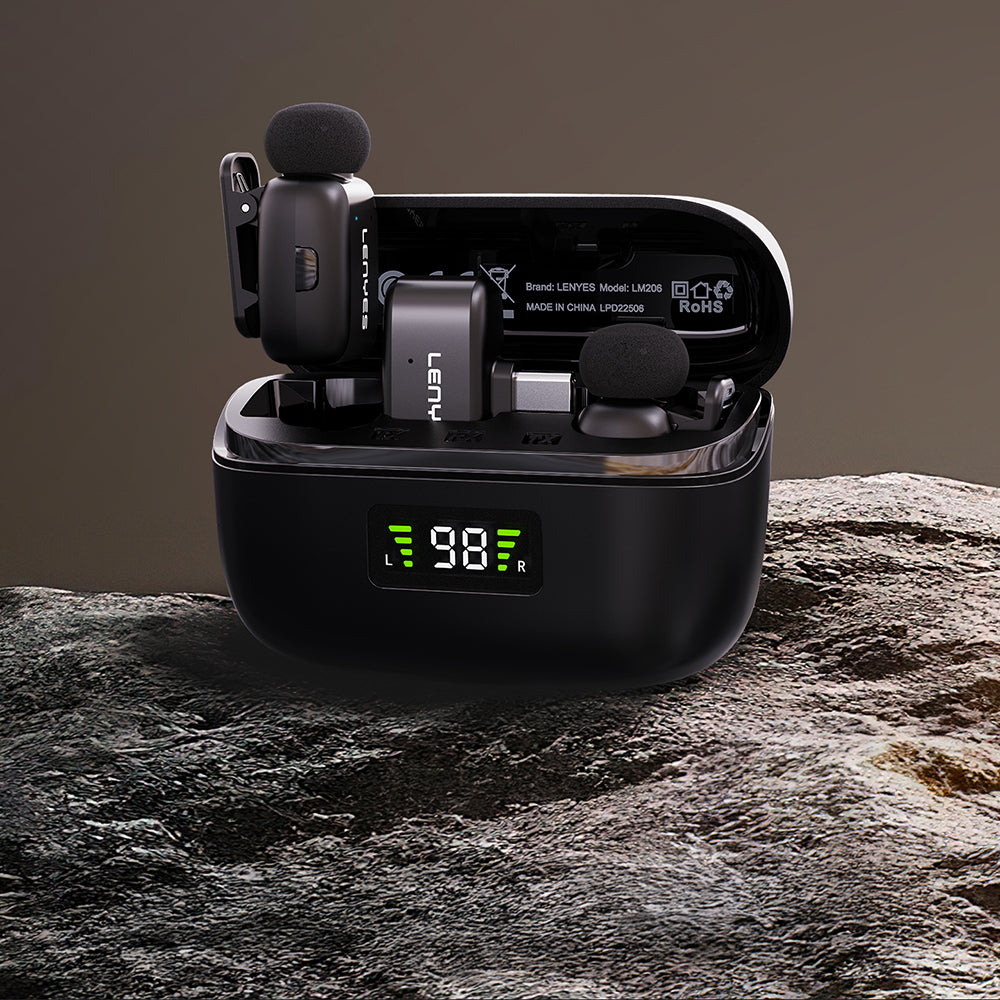 Lenyes LM206 Dijital LED Göstergeli Type-C Portlu Kablosuz Yaka Mikrofonu Siyah