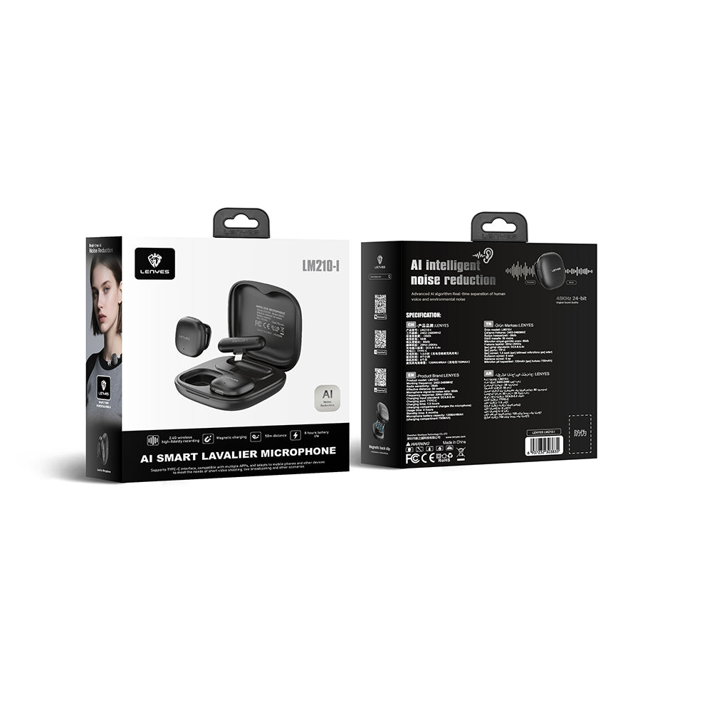 Lenyes LM210 Artificial Intelligence Noise Cancelling Wireless Lavalier Microphone with Lightning Port, Black