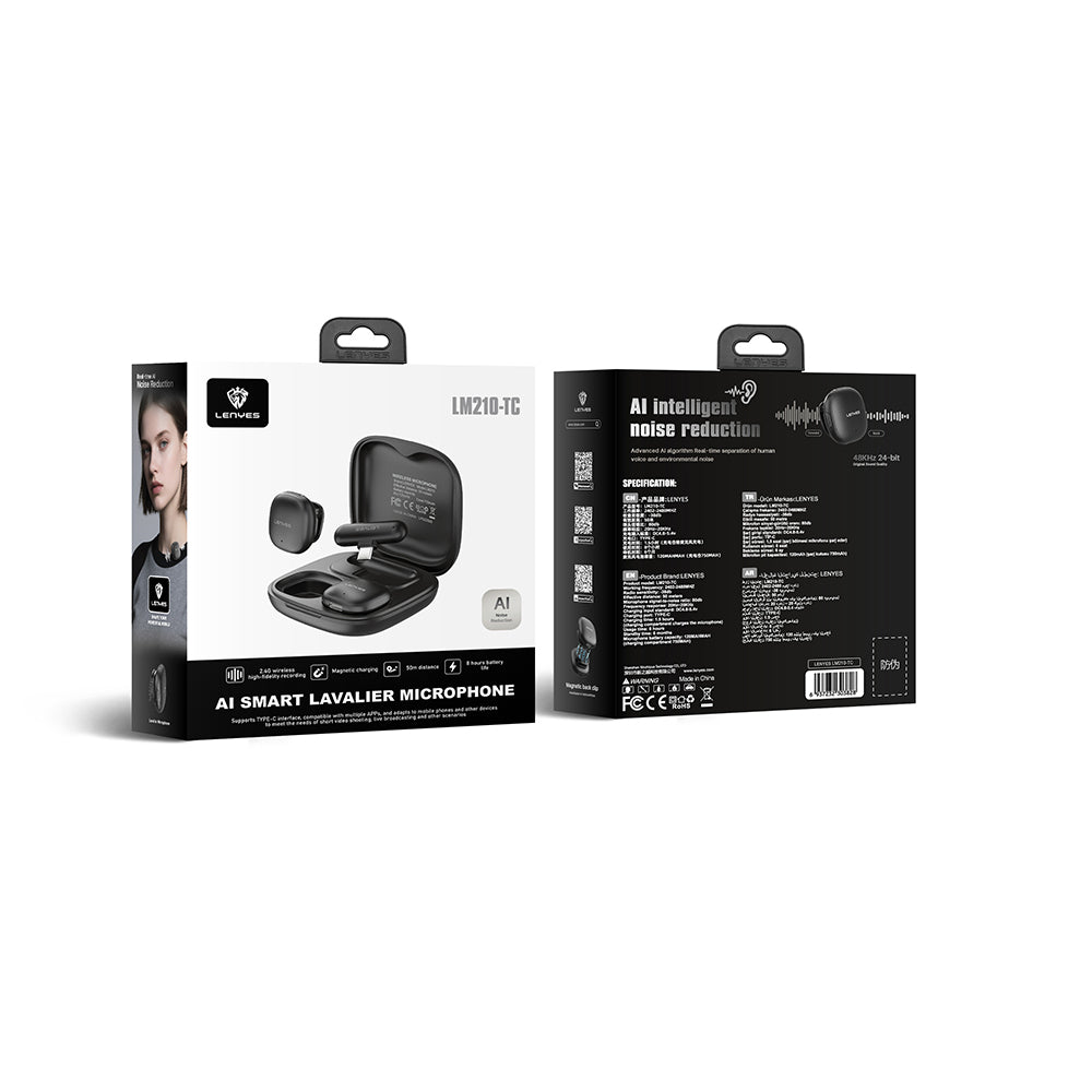 Lenyes LM210 Wireless Lavalier Microphone with Artificial Intelligence Noise Cancellation and Type-C Port, Black