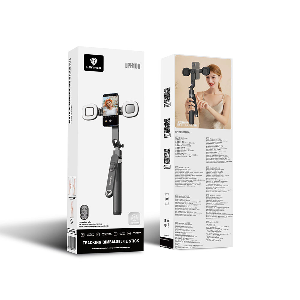 Lenyes LPH108 Canlı Yayın Dolgu Işıklı Kumandalı 360 Derece Dönebilen Selfie Çubuğu ve Tripod Siyah
