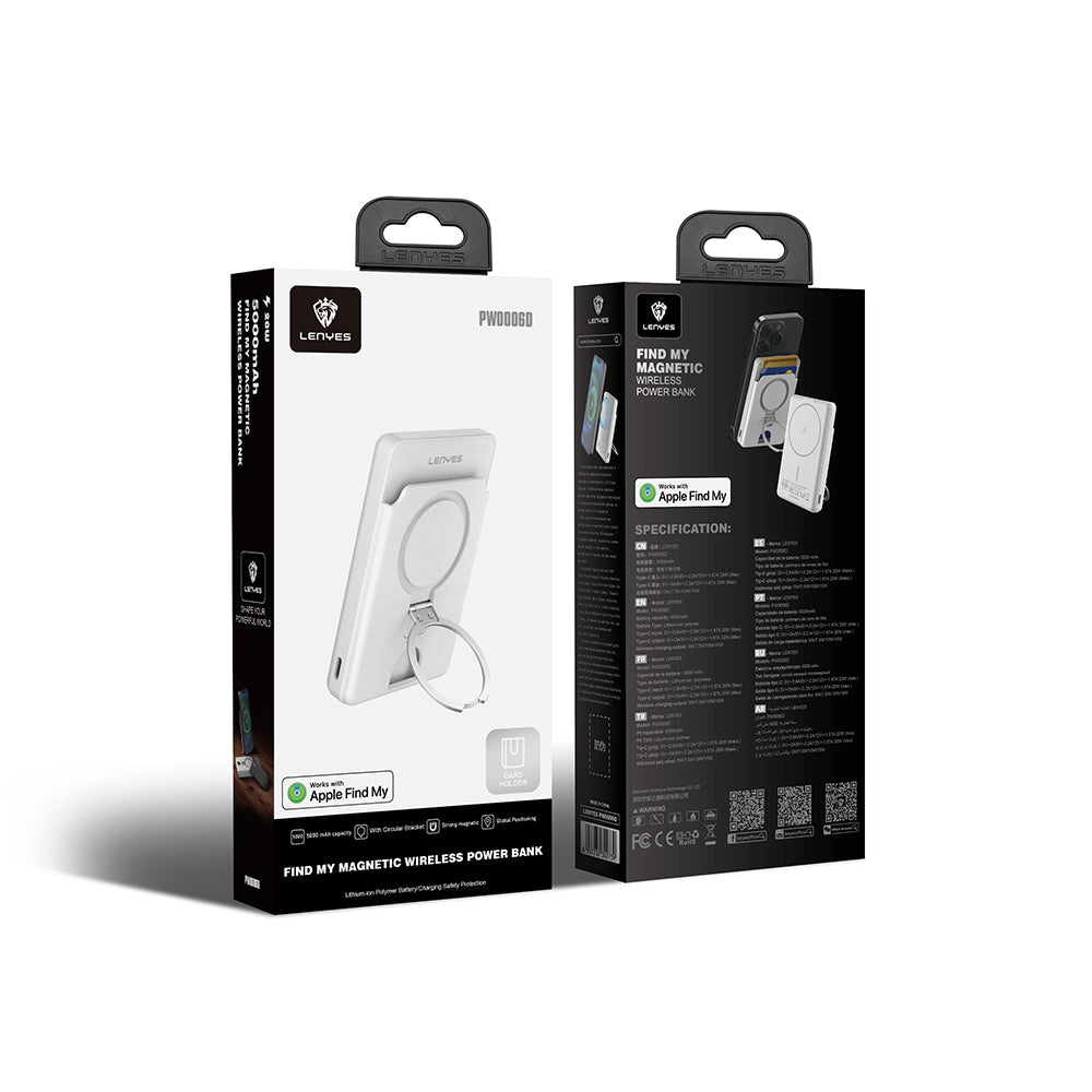 Lenyes PW0006D PD 20W Hızlı Şarj Özellikli Kartlıklı Standlı Wireless Powerbank 15W 5000mAh Beyaz