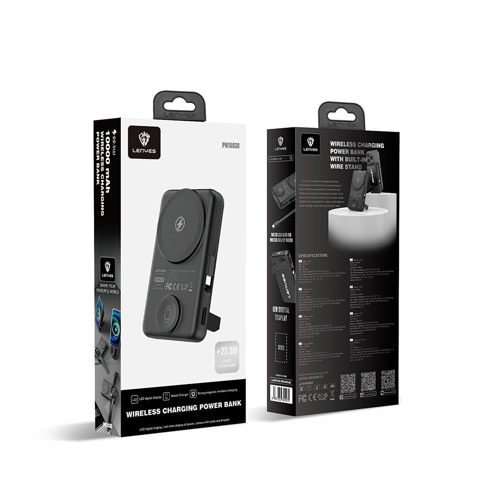 Lenyes PW1003D 22.5W Dijital LED Ekranlı Akıllı Saat Kablosuz Şarj Özellikli Standlı Wireless Powerbank 15W 10000mAh Siyah