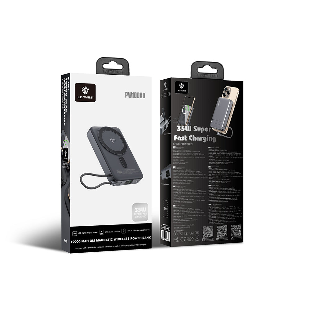 Lenyes PW1009D PD 35W Qi2 Technology Type-C Wired Stand Wireless Powerbank 15W 10000mAh Gray