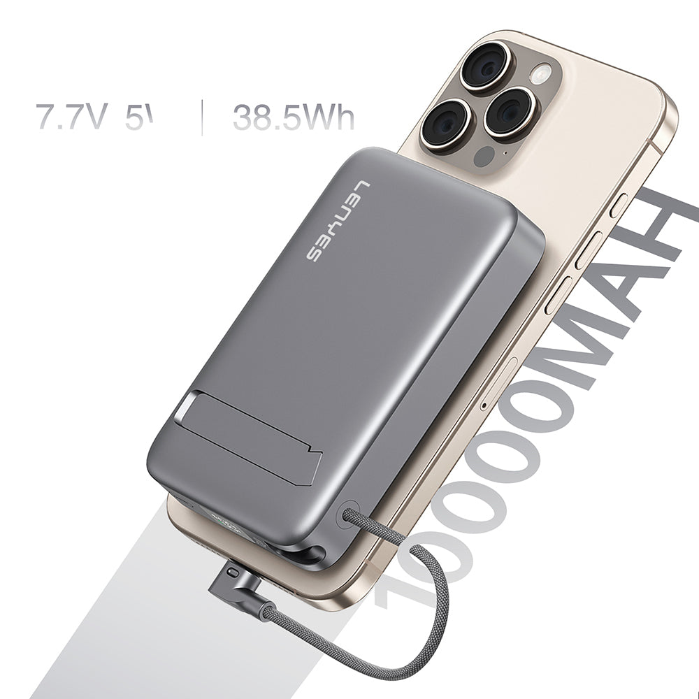 Lenyes PW1009D PD 35W Qi2 Teknolojili Type-C Kablolu Standlı Wireless Powerbank 15W 10000mAh Gri