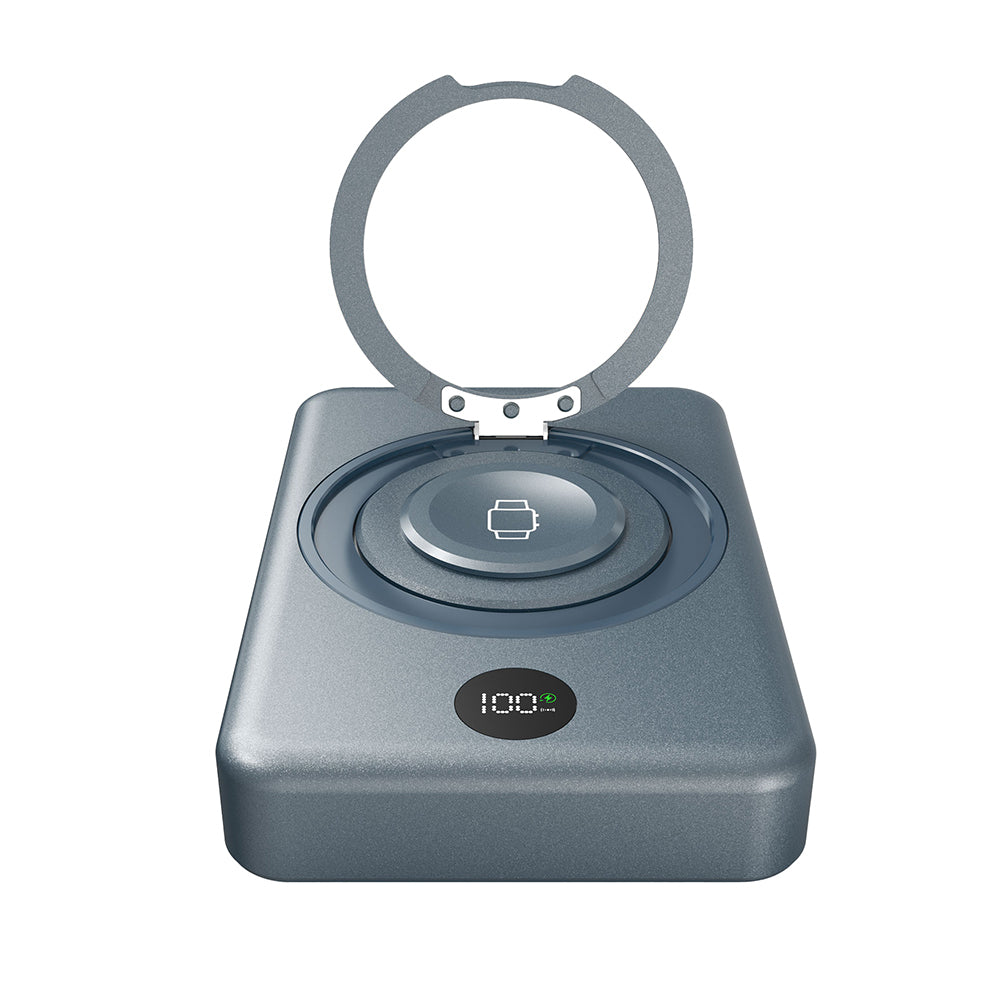 Lenyes PW1010D PD 20W Dijital LED Göstergeli Akıllı Saat Kablosuz Şarj Özellikli Standlı Wireless Powerbank 15W 10000mAh Gri