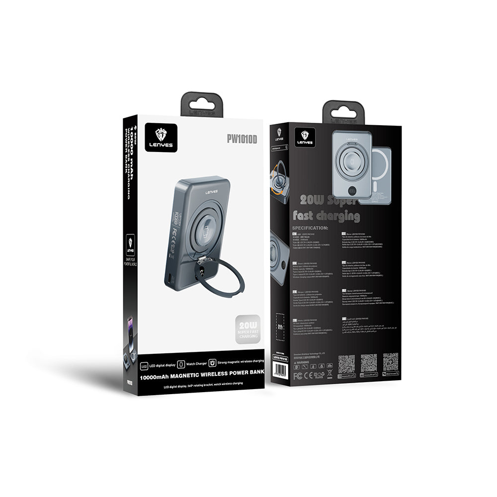 Lenyes PW1010D PD 20W Dijital LED Göstergeli Akıllı Saat Kablosuz Şarj Özellikli Standlı Wireless Powerbank 15W 10000mAh Gri